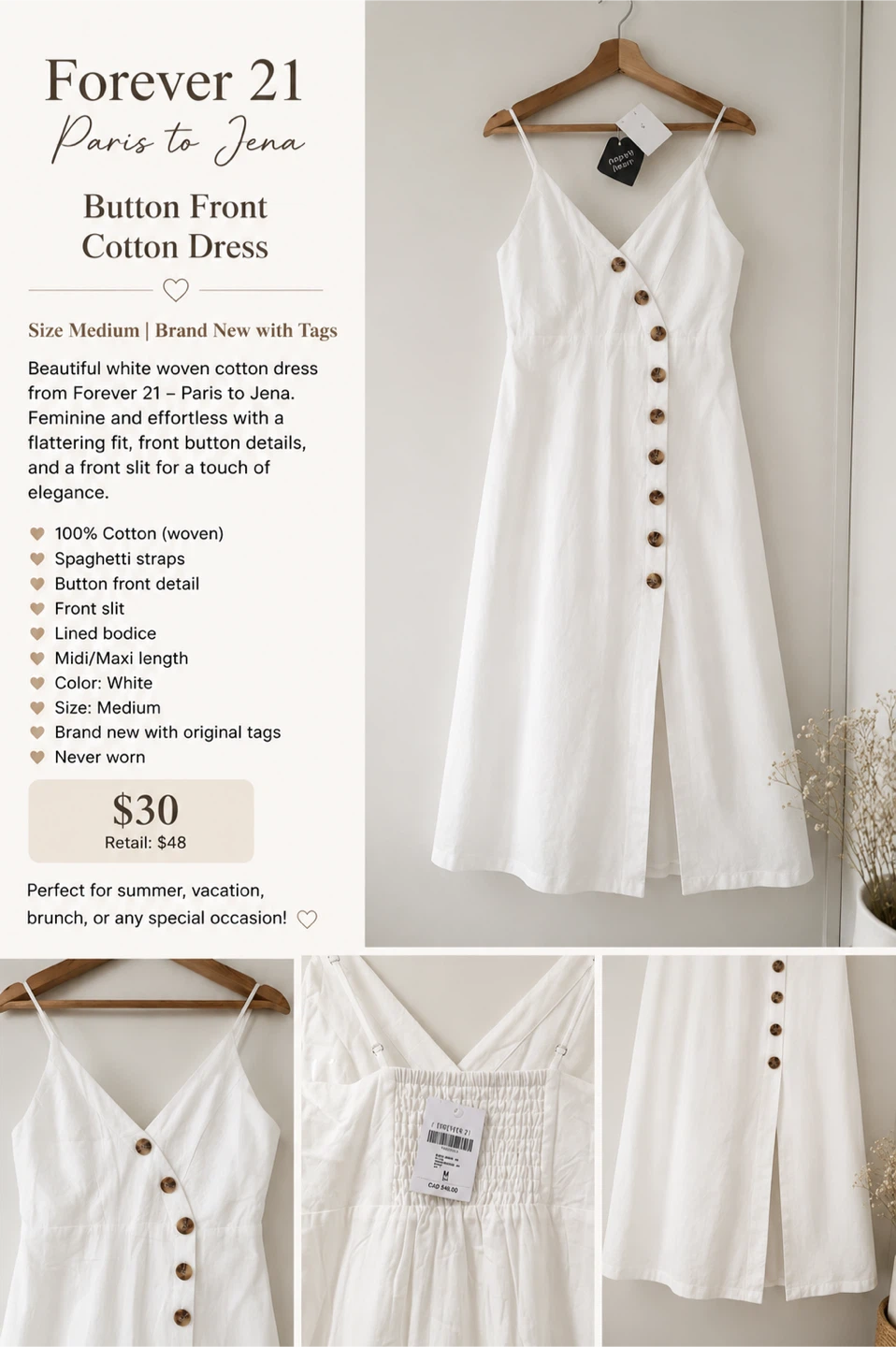 🤍 Forever 21 “Paris to Jena” White Cotton Dress — NWT