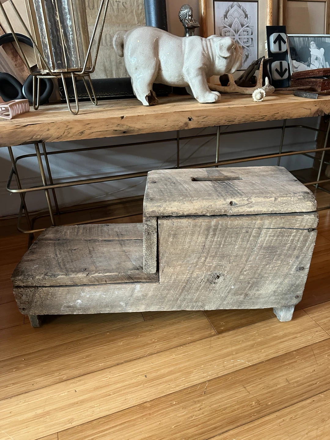 SMALL ANTIQUE PRIMITIVE RECLAIMED WOOD STEP STOOL ACCENT TABLE - photo 3