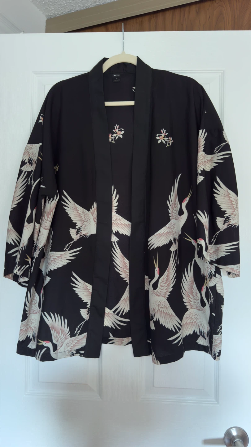 Black Crane Print Kimono Blouse