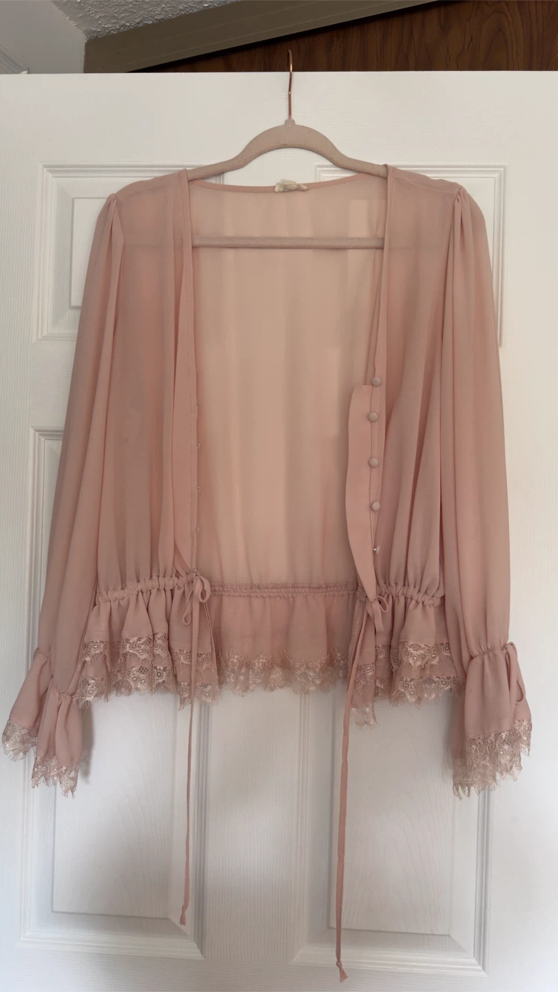 Sheer Pink Blouse with Lace Trim