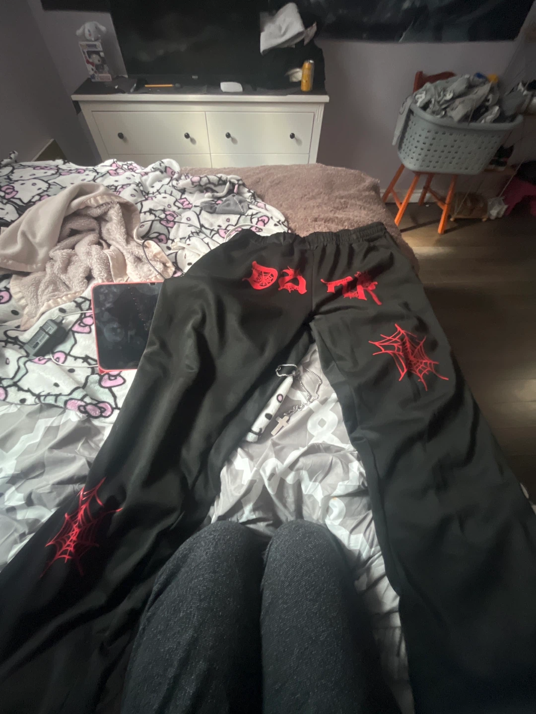 Black Track Pants with Red Spider Web Design