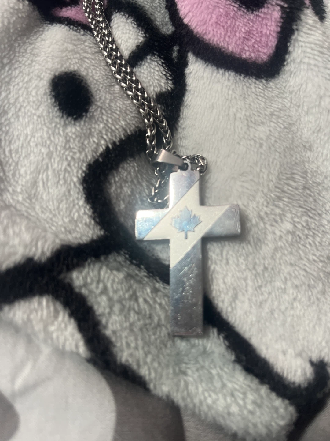 Silver Cross Necklace with Canadian Flag Detail