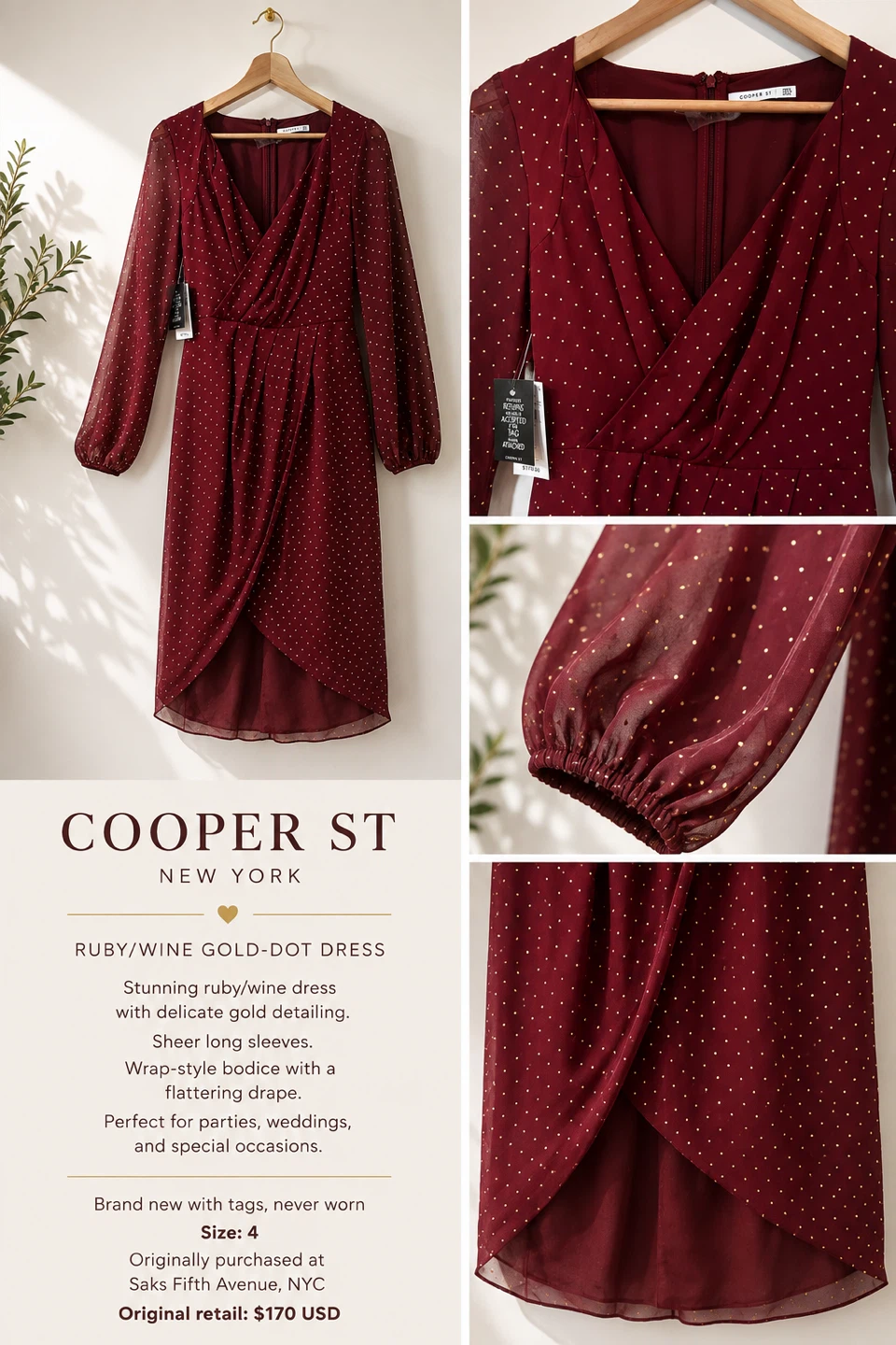 Cooper St Ruby/Wine Gold-Dot Party Dress — Size 4 | NWT