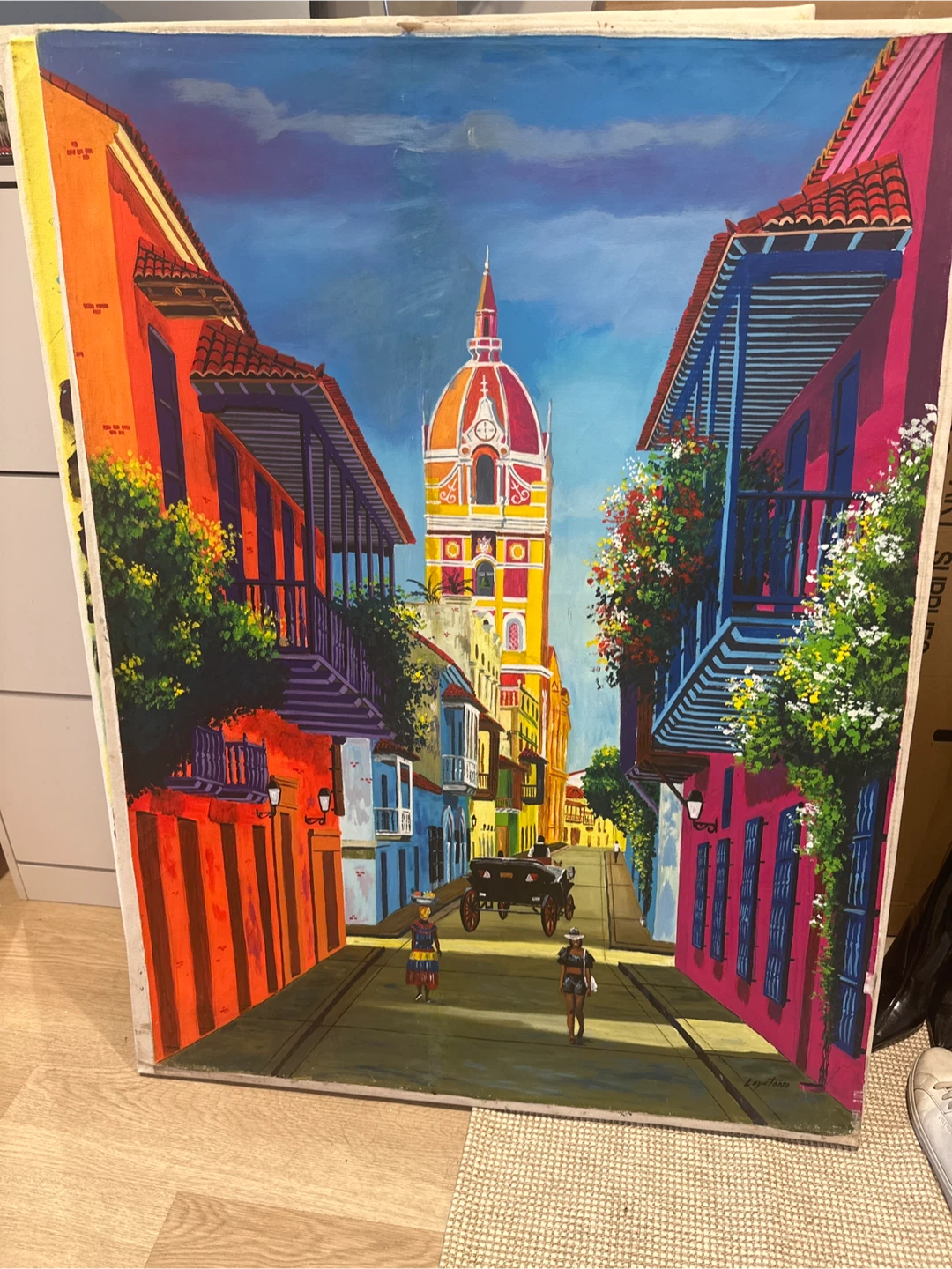 Colorful Street Scene Painting in Cartagena 48x36”
