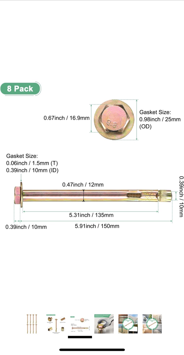 M METERXITY 8-Pack Expansion Bolts M10x150mm - photo 2