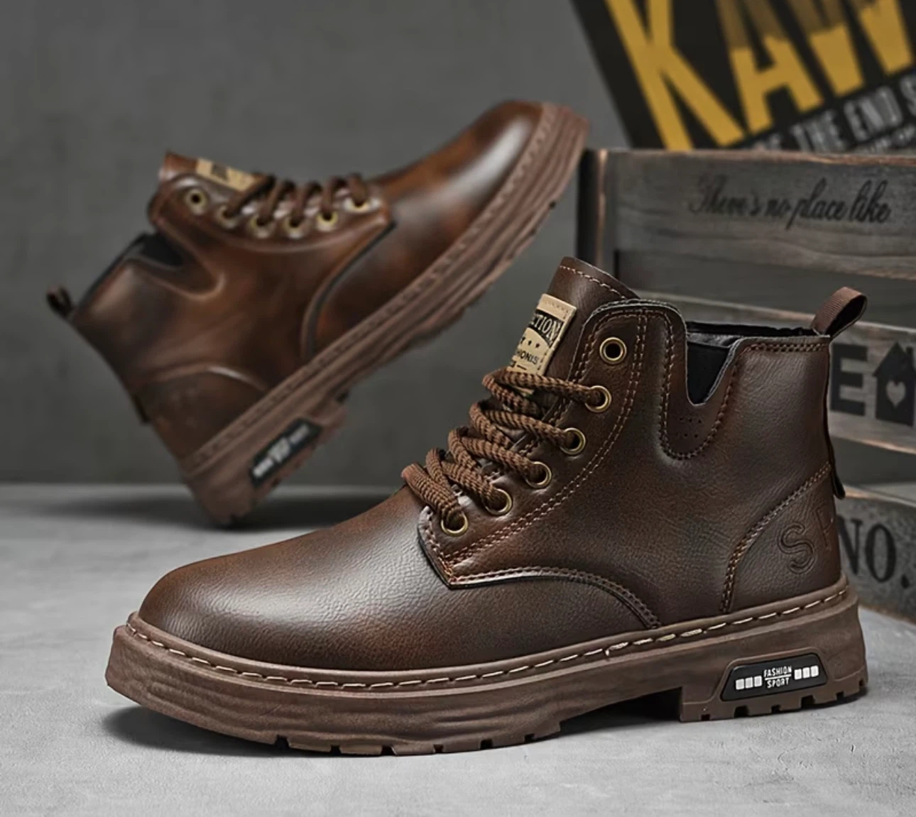 Men's Brown Faux Leather Lace-up Ankle Boots