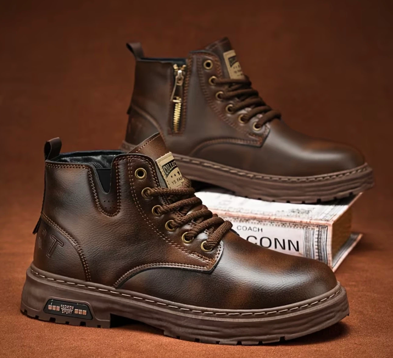 Men's Brown Faux Leather Lace-up Ankle Boots - photo 2