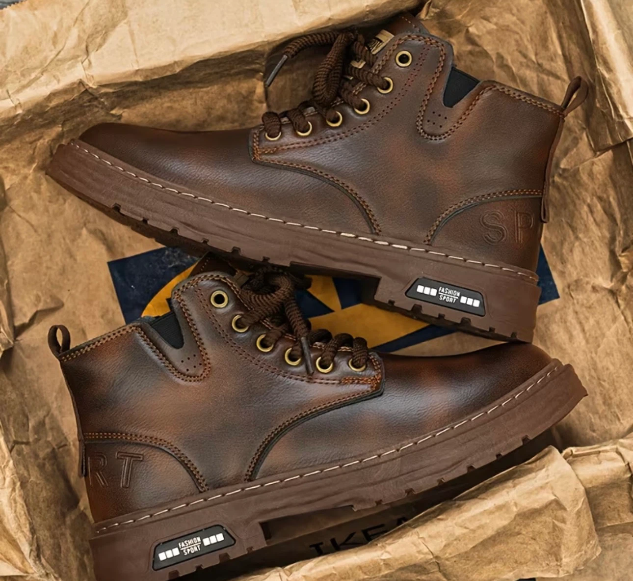 Men's Brown Faux Leather Lace-up Ankle Boots - photo 3