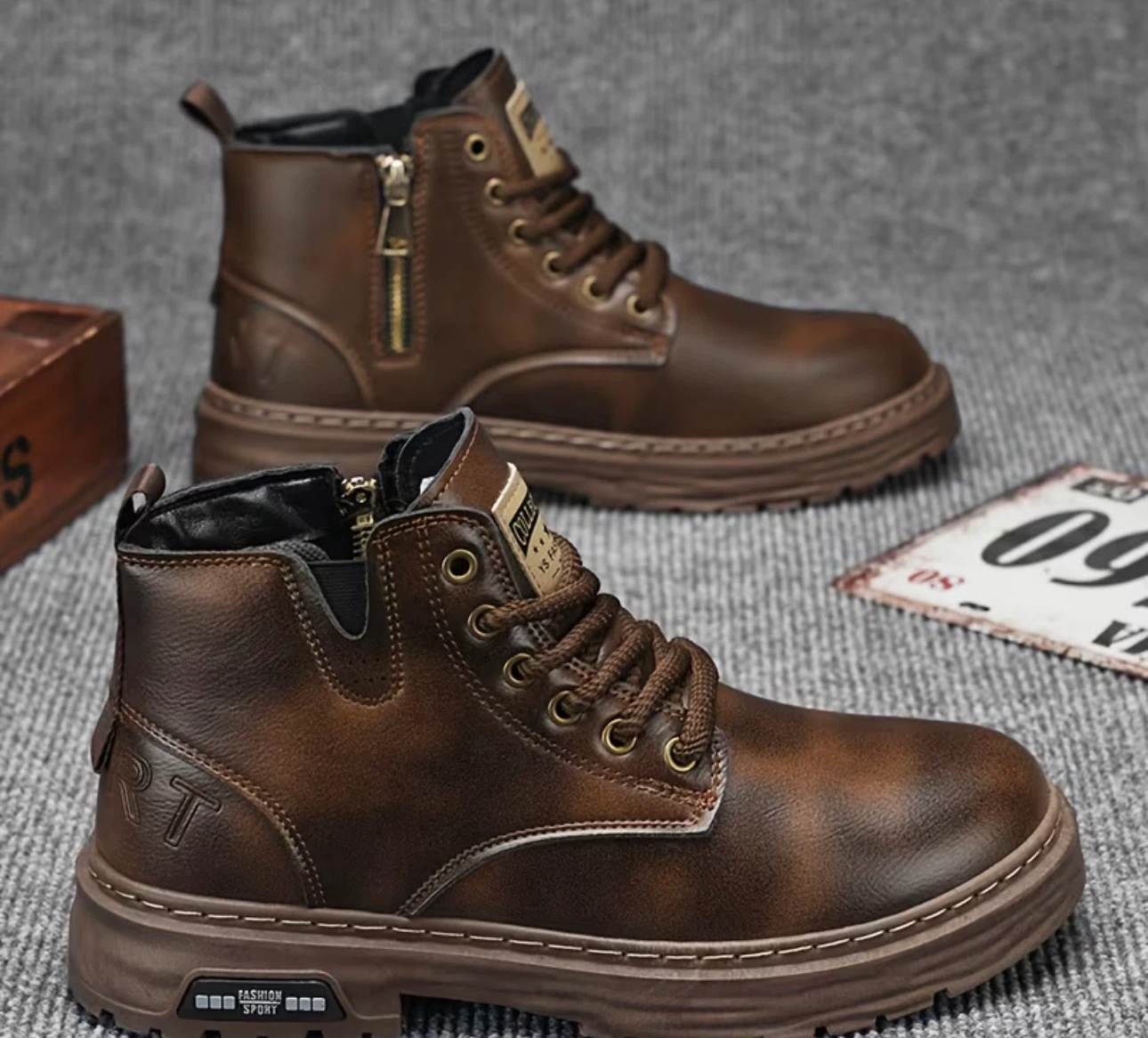 Men's Brown Faux Leather Lace-up Ankle Boots - photo 4