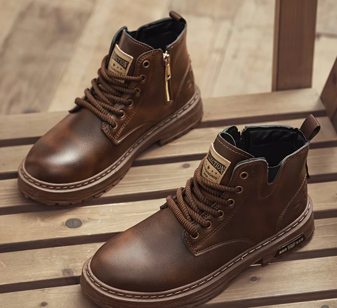 Men's Brown Faux Leather Lace-up Ankle Boots - photo 5