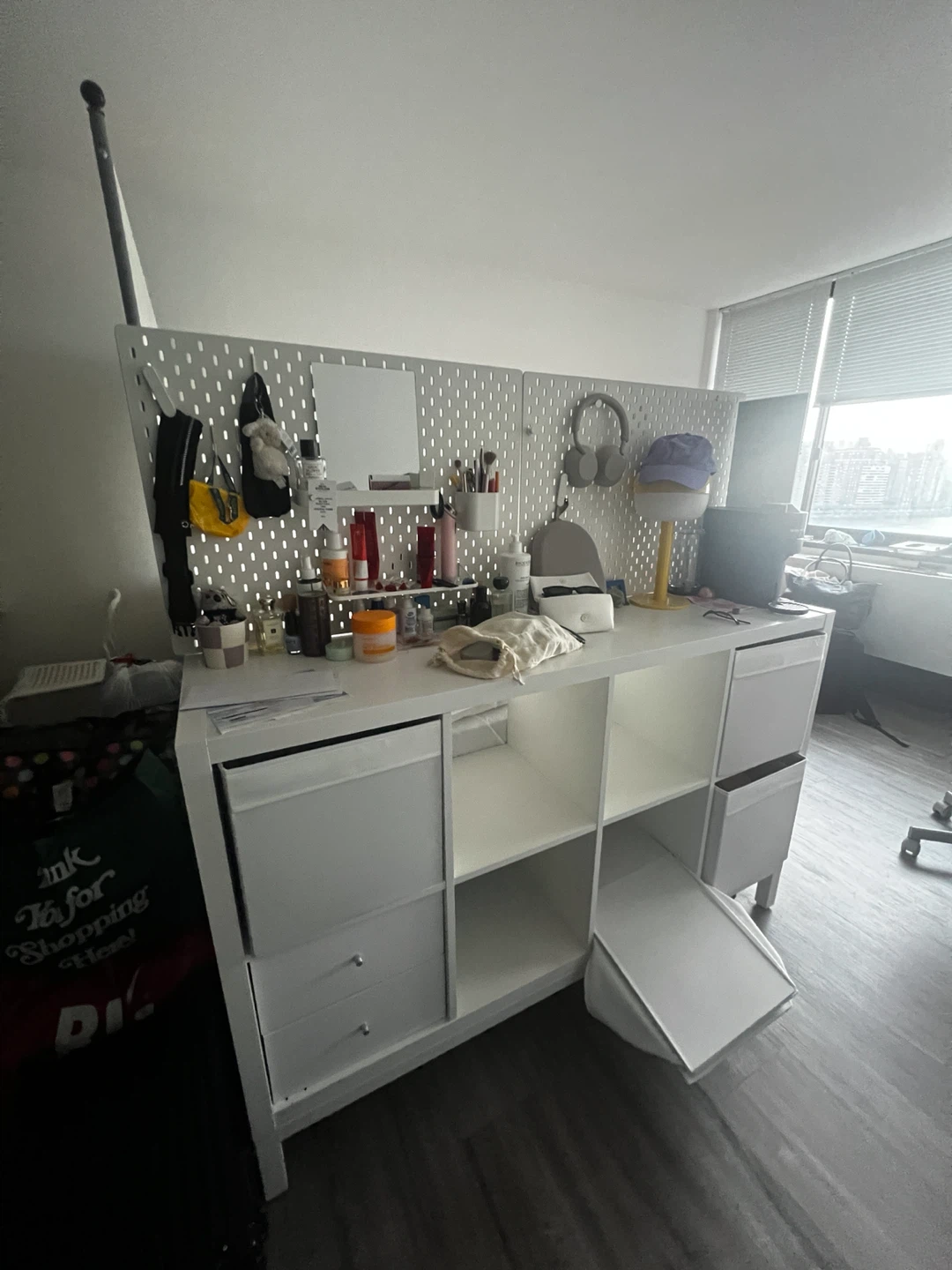 Ikea KALLAX 4x2 + legs + pegboard + basket