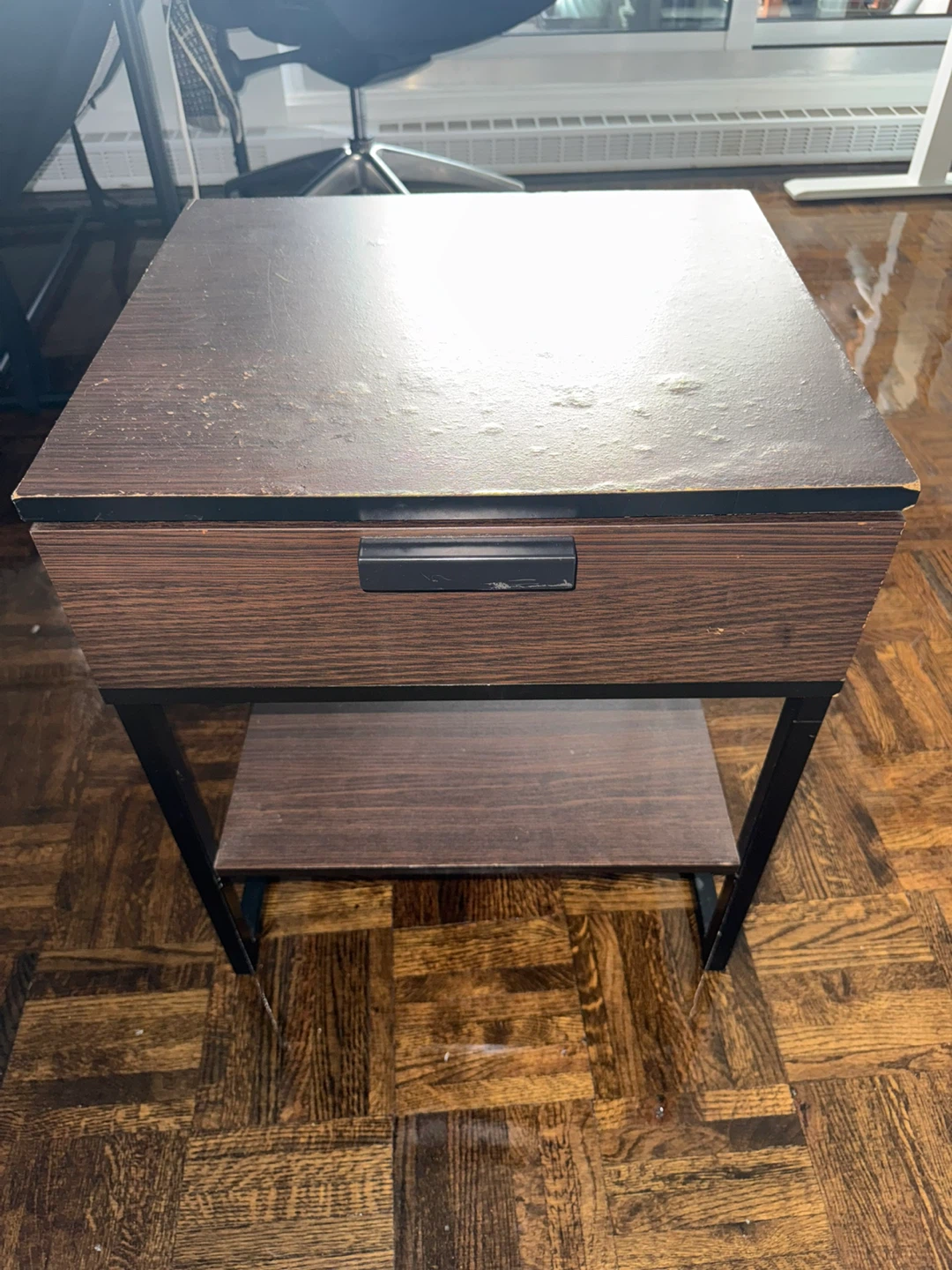 Wood Grain Side Table with Drawer and Shelf