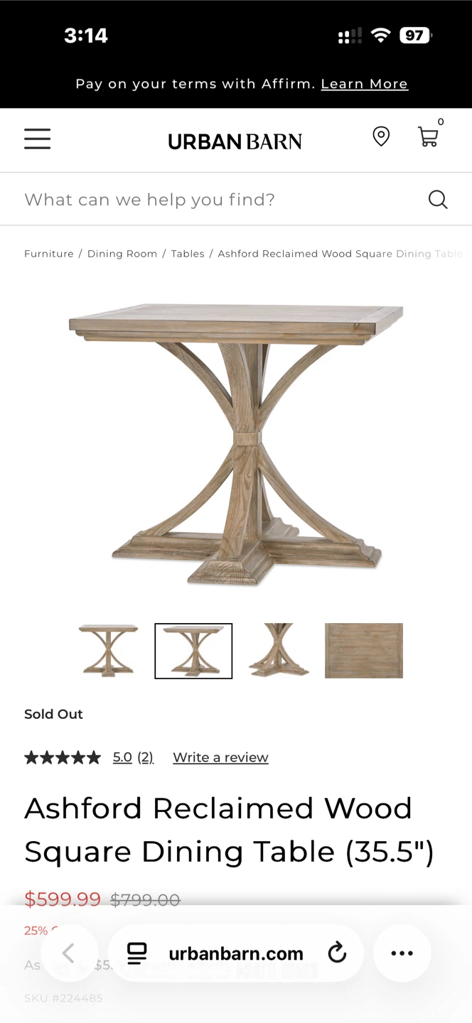 Urban Barn Ashford Reclaimed Wood Square Dining Table (35.5")