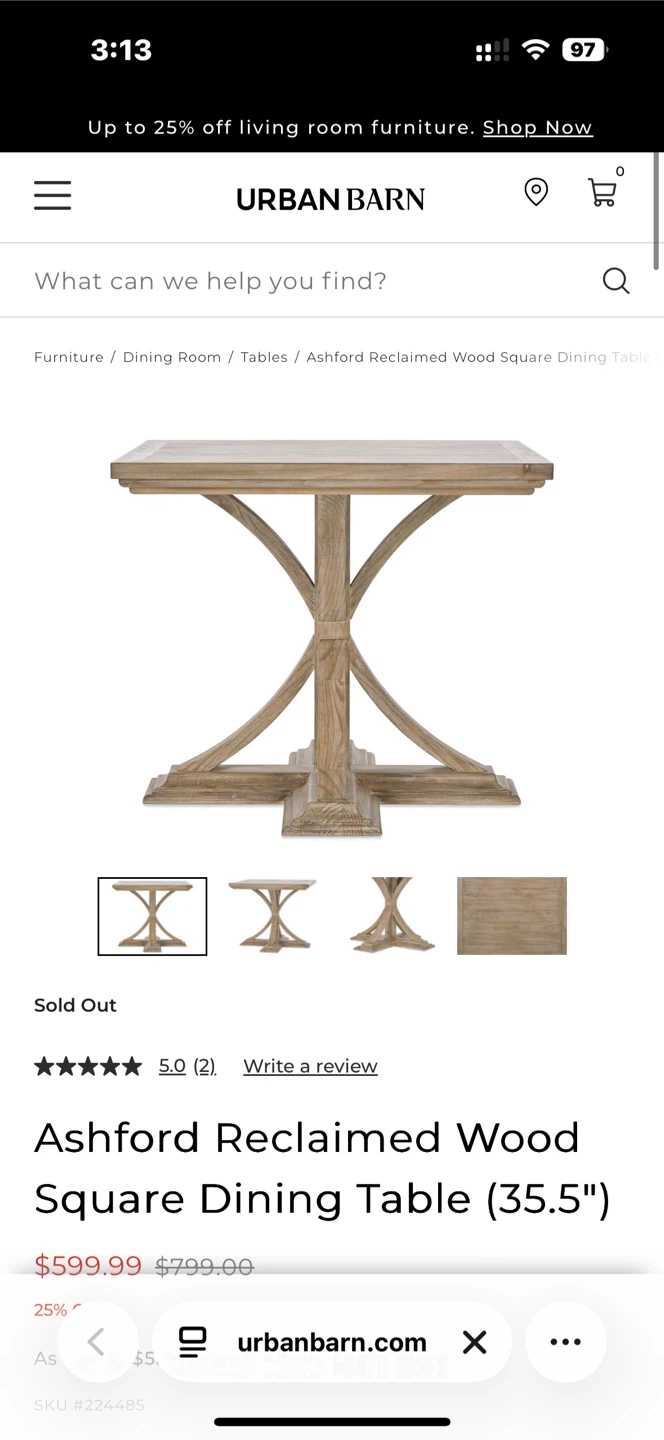 Urban Barn Ashford Reclaimed Wood Square Dining Table (35.5") - photo 2