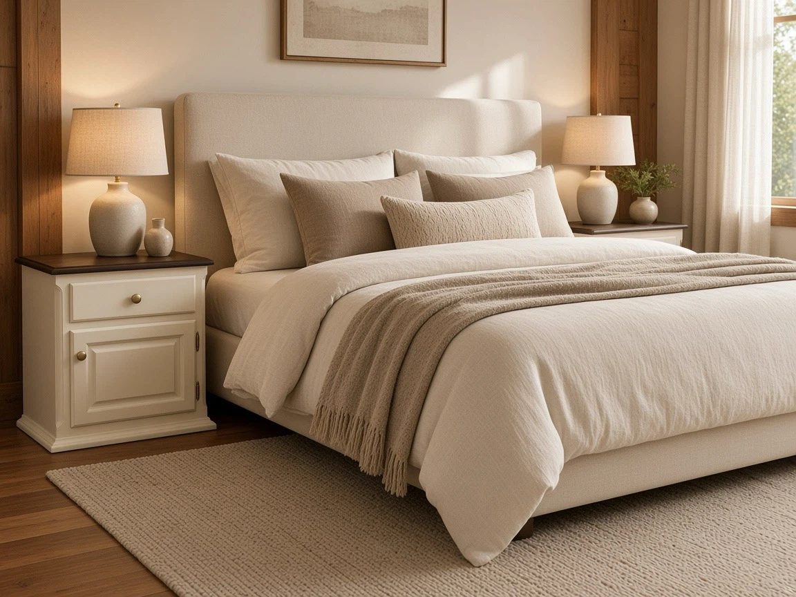 Cream and Dark Wood Nightstands (Pair)