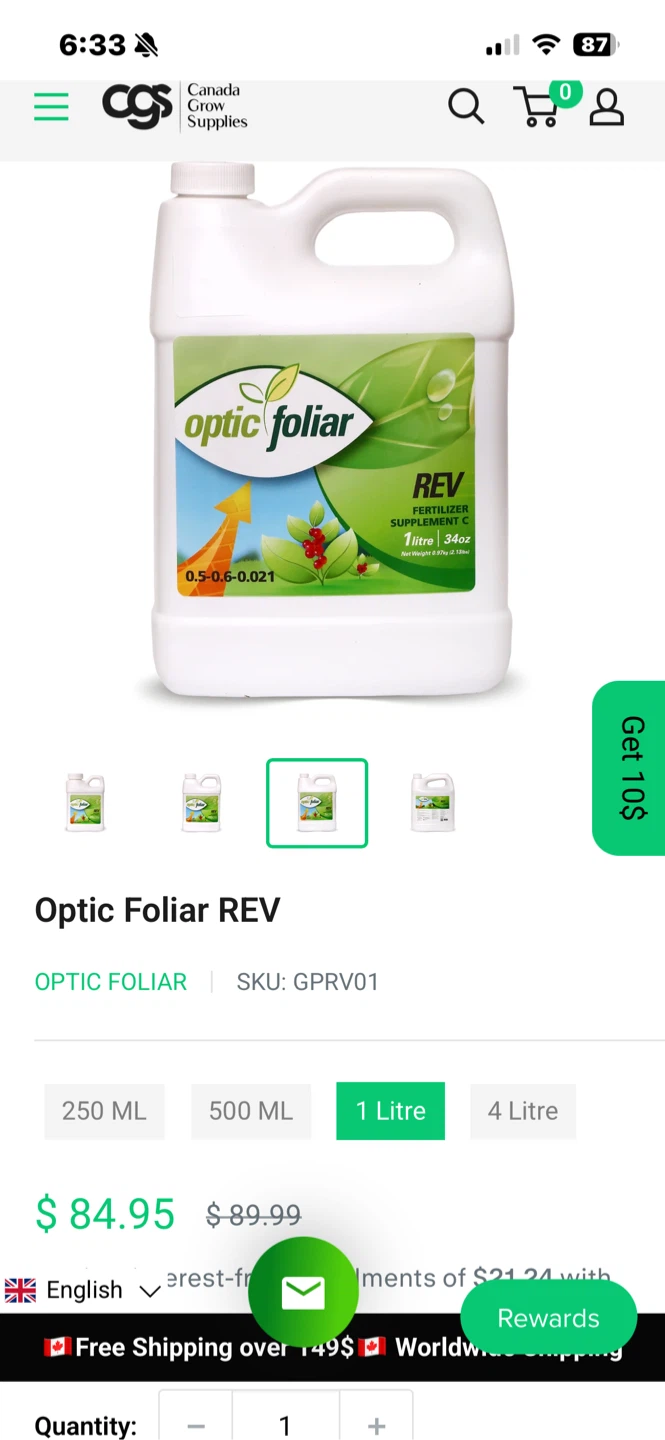 Optic Foliar Rev Fertilizer Supplement, 1 Litre