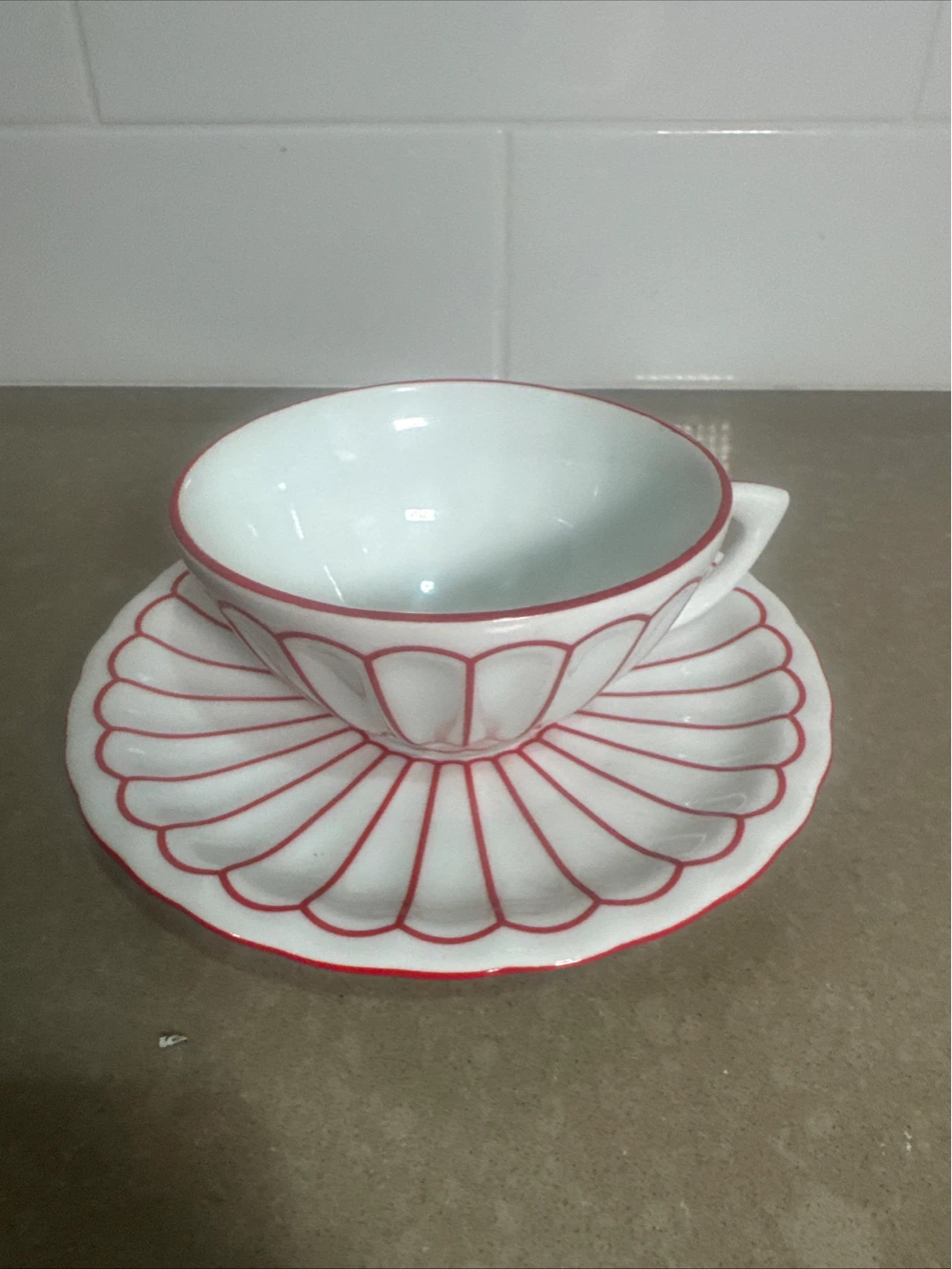 Anthropologie White & Red Floral Cup and Saucer Set