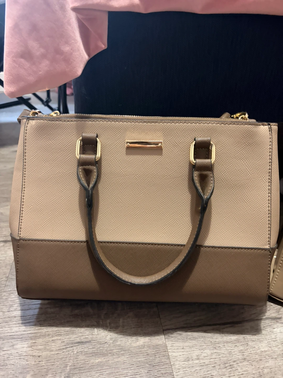 Beige Faux Leather Tote Handbag