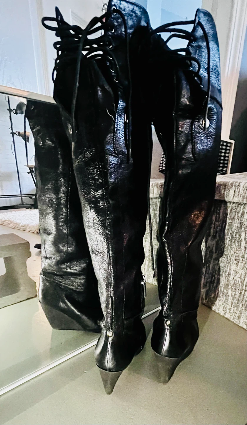Black Lace-Up Wedge Thigh-High Boots