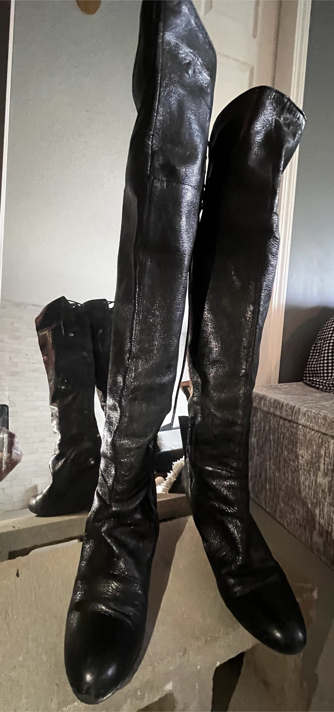 Black Lace-Up Wedge Thigh-High Boots - photo 2