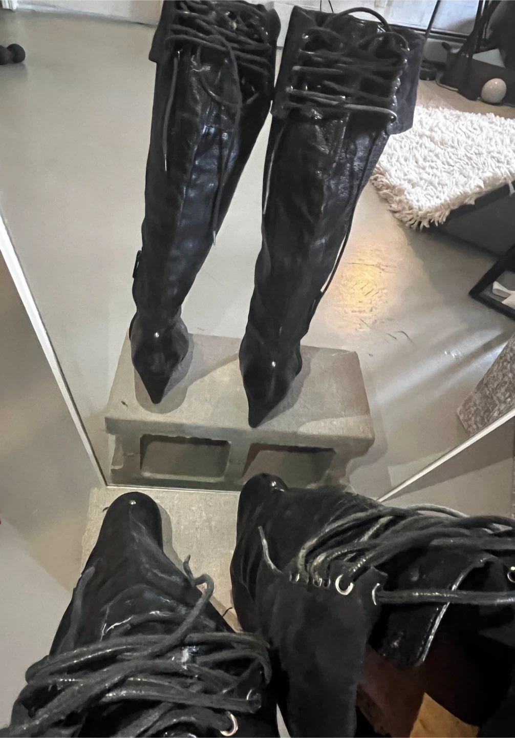 Black Lace-Up Wedge Thigh-High Boots - photo 4