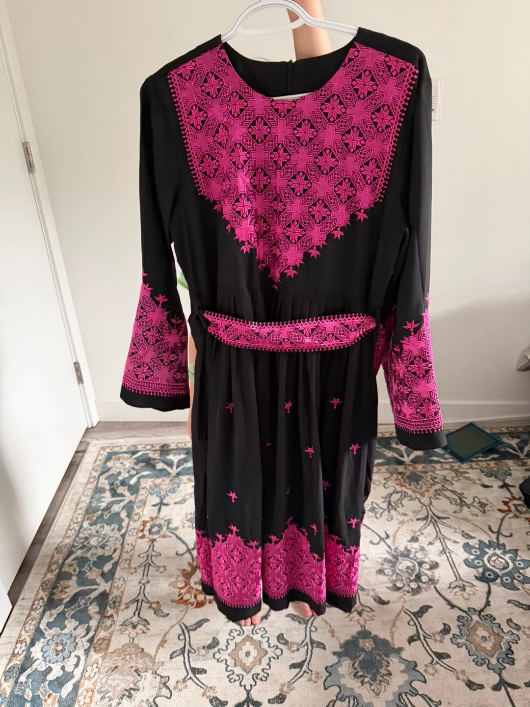 Black Embroidered Dress with Pink Details