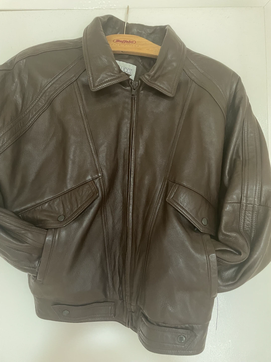 CARLUCCI Brown Leather Bomber Jacket - Size M