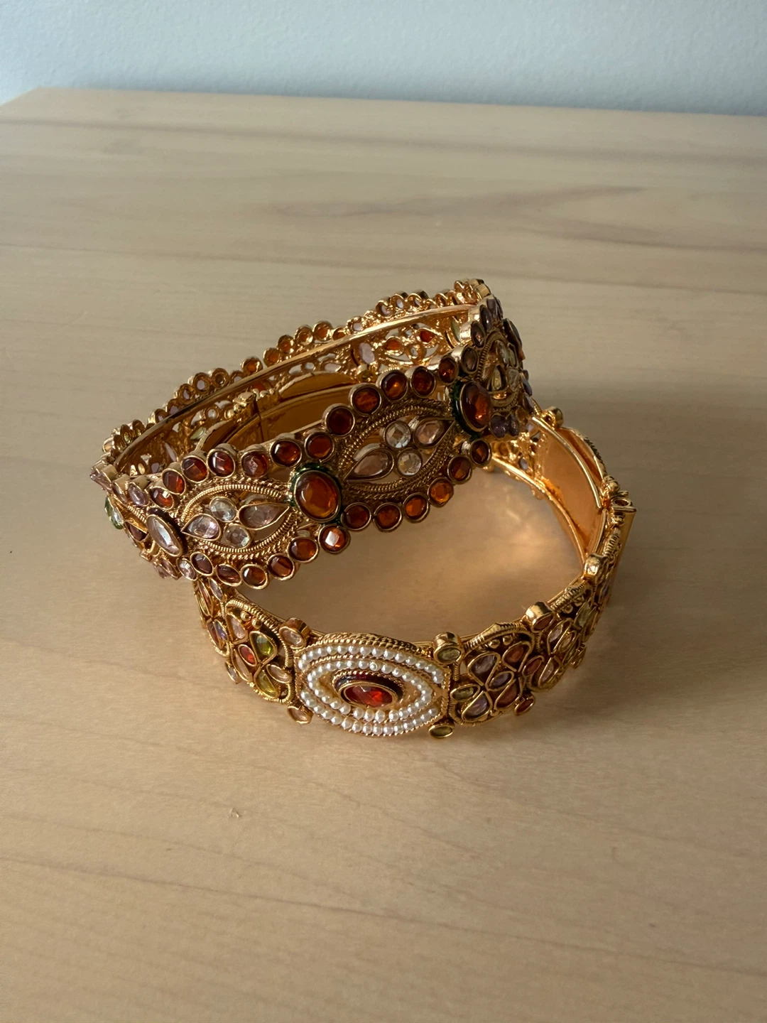 Ornate Gold-tone Bangles with Multi-coloured Stones