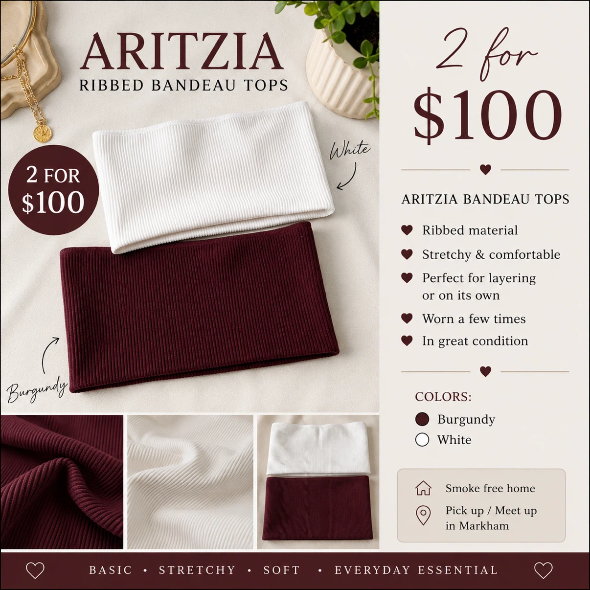 Aritzia Ribbed Bandeau Tops - Burgundy & White