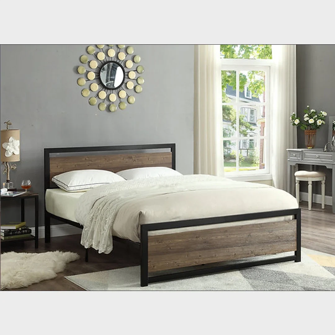 Wooden and Metal Queen Size Bed Frame