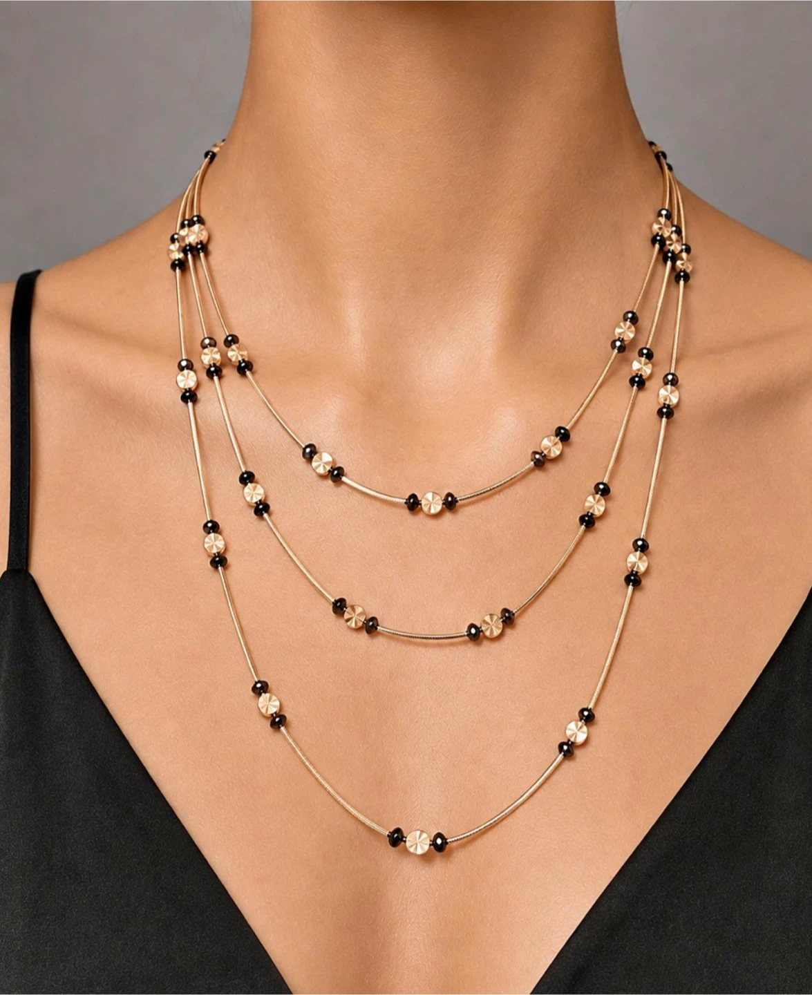 Layered Gold-tone Necklace with Black Beads