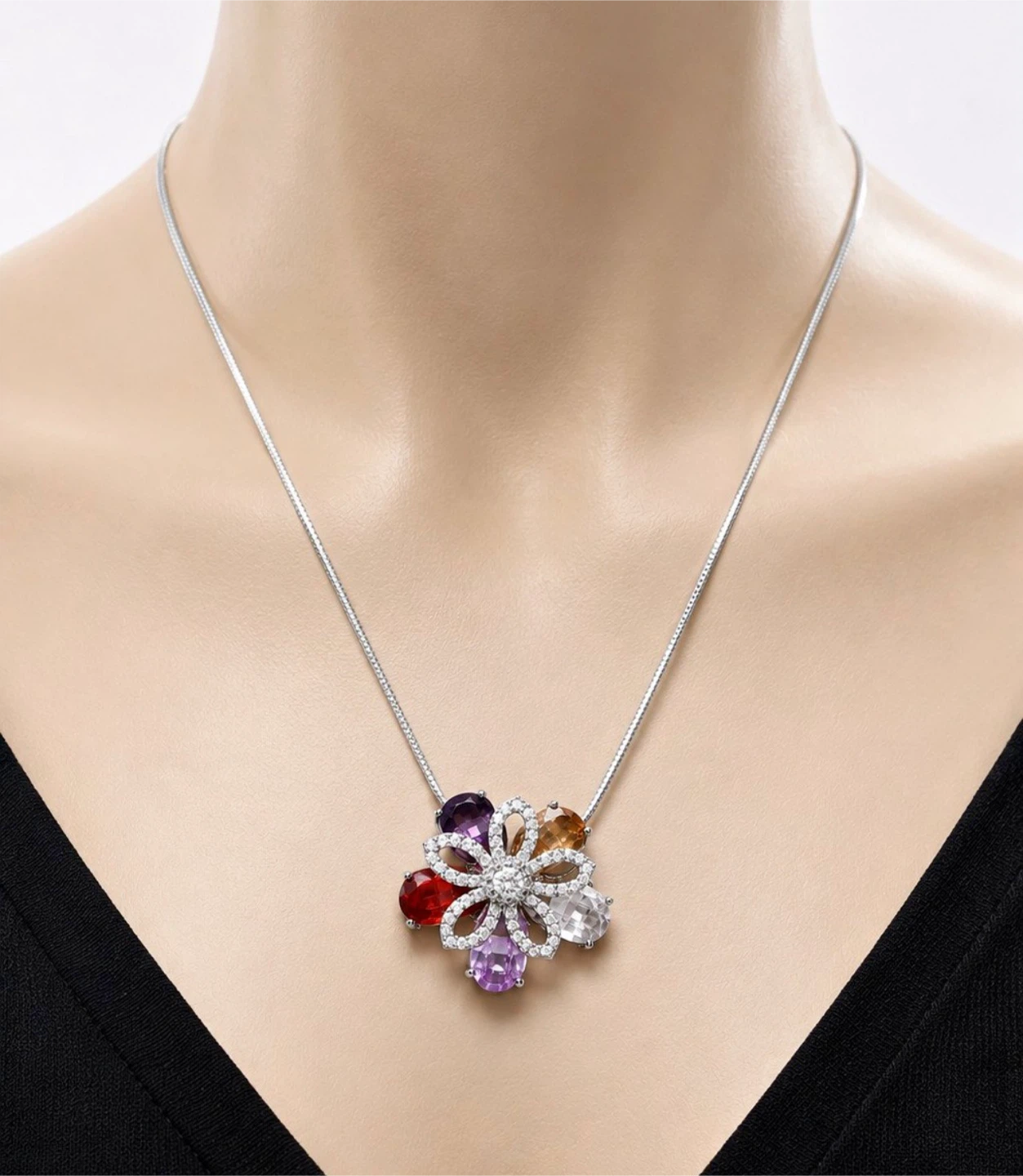 Flower Pendant Necklace with Multi-Colored Gems