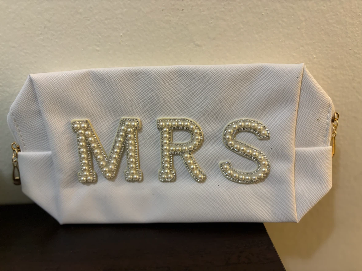 NEW-White Mrs. Cosmetic Bag with Pearl and Rhinestone Letters