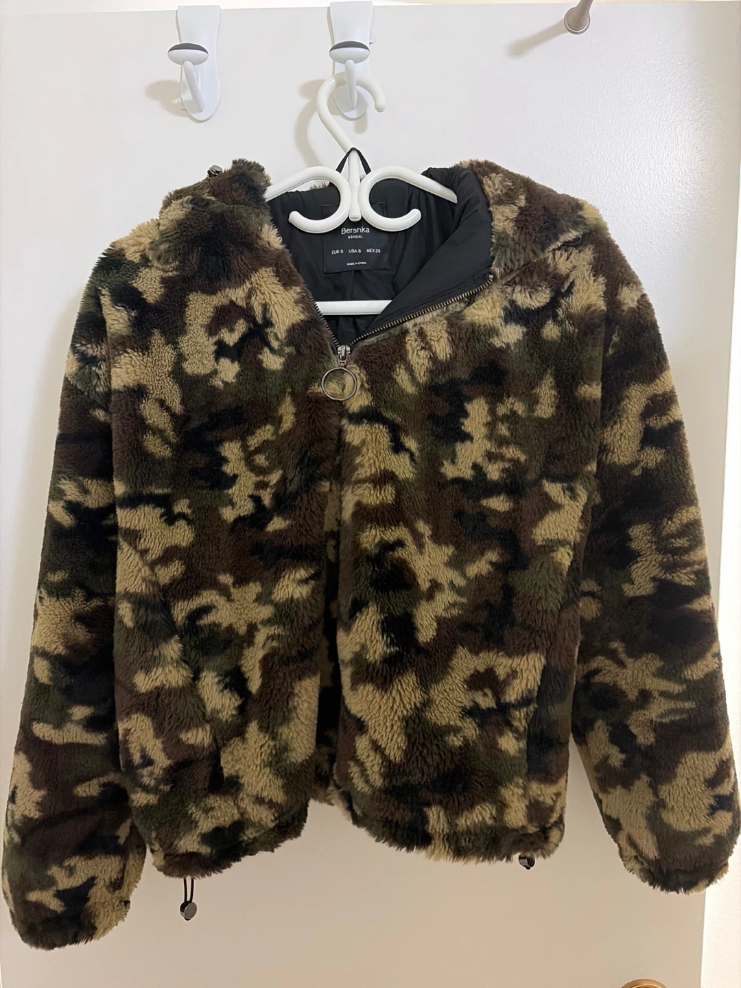 Bershka Camo Faux Fur Hooded Jacket - Size S