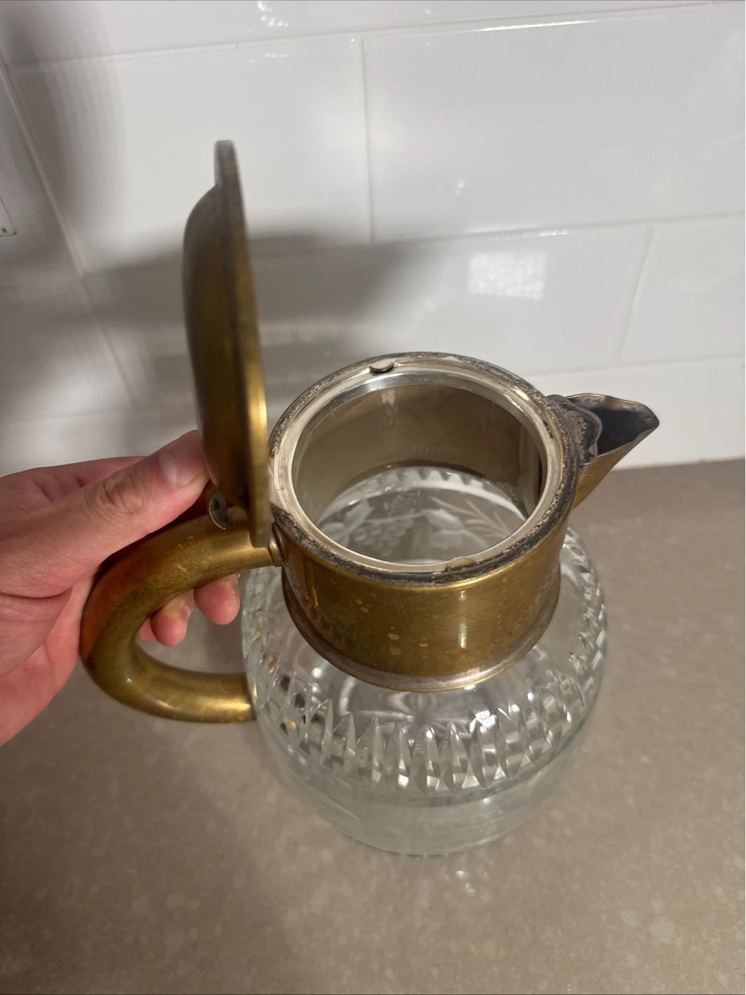 Vintage Etched Glass Pitcher with Brass Handle - photo 4