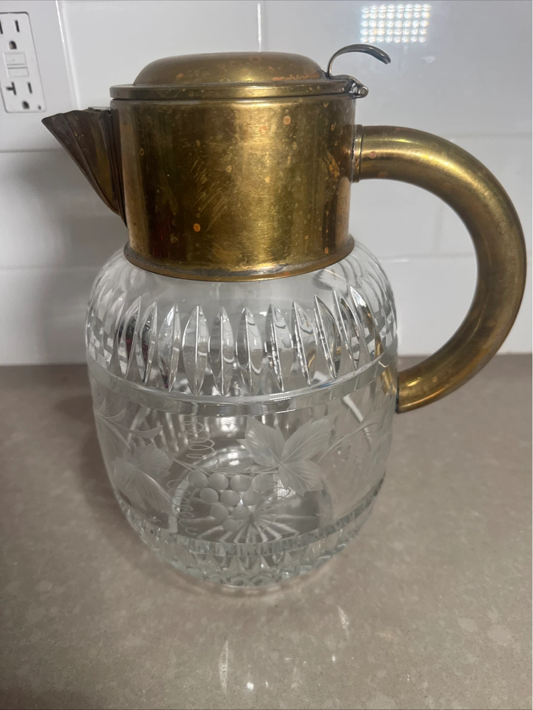 Vintage Etched Glass Pitcher with Brass Handle