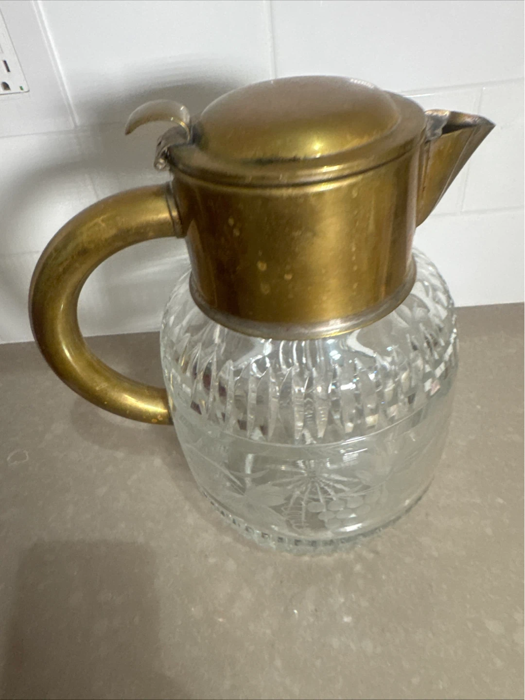 Vintage Etched Glass Pitcher with Brass Handle - photo 2
