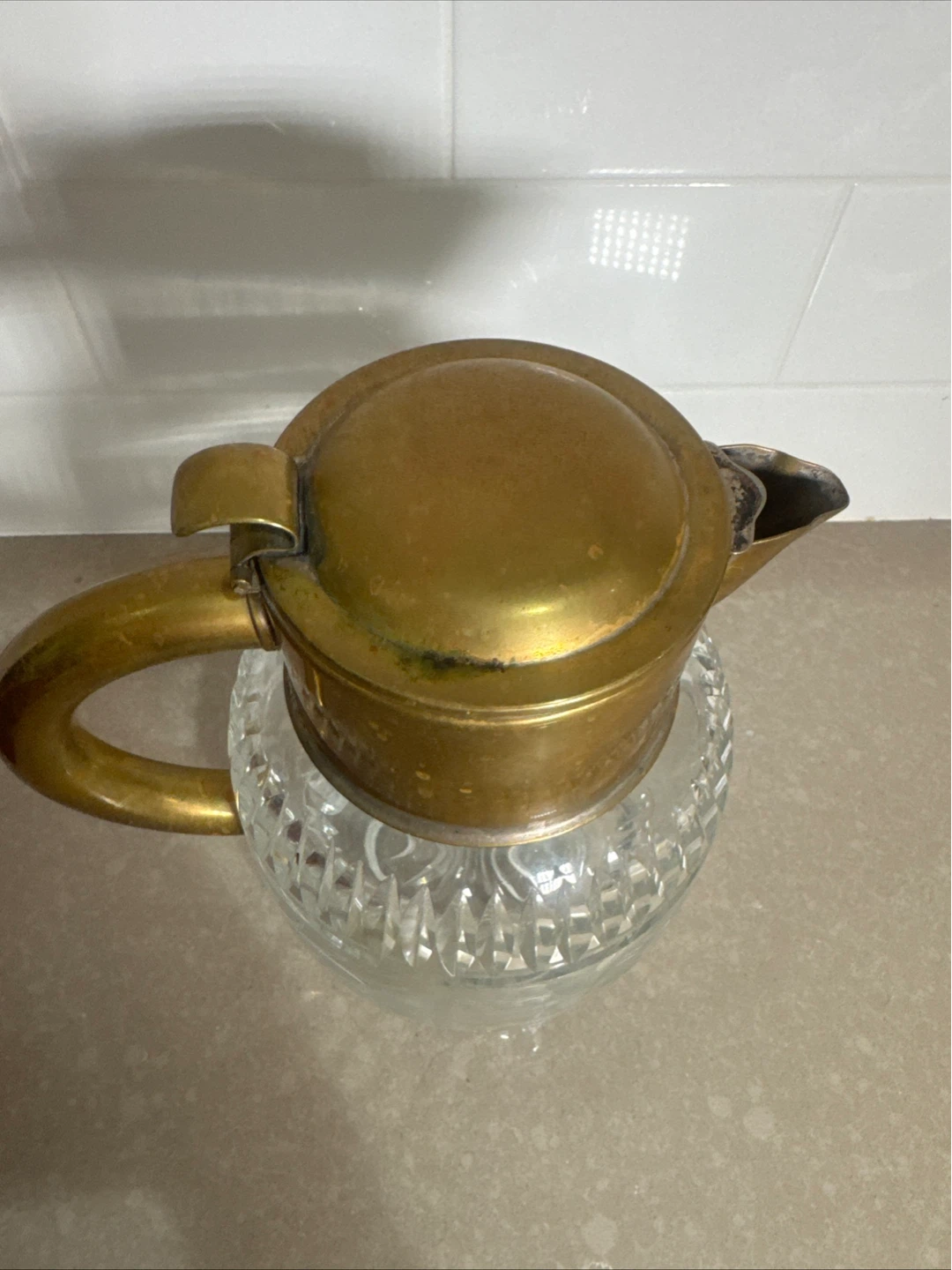 Vintage Etched Glass Pitcher with Brass Handle - photo 3