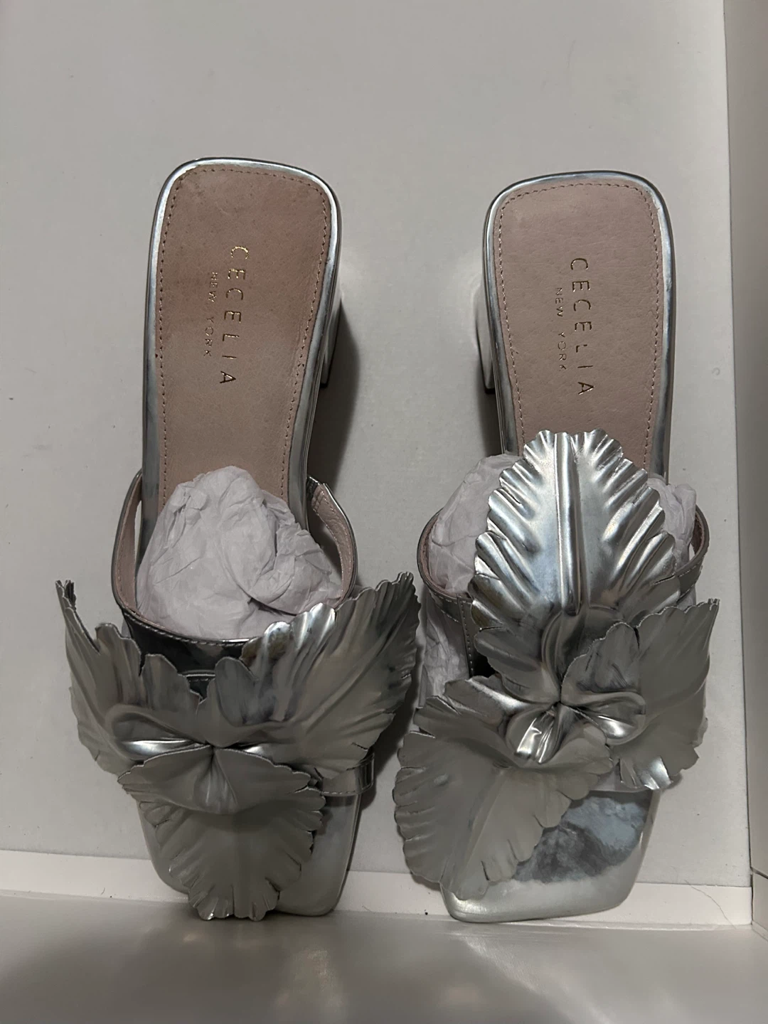 Cecelia New York Silver Metallic Block Heel Mules Size 8