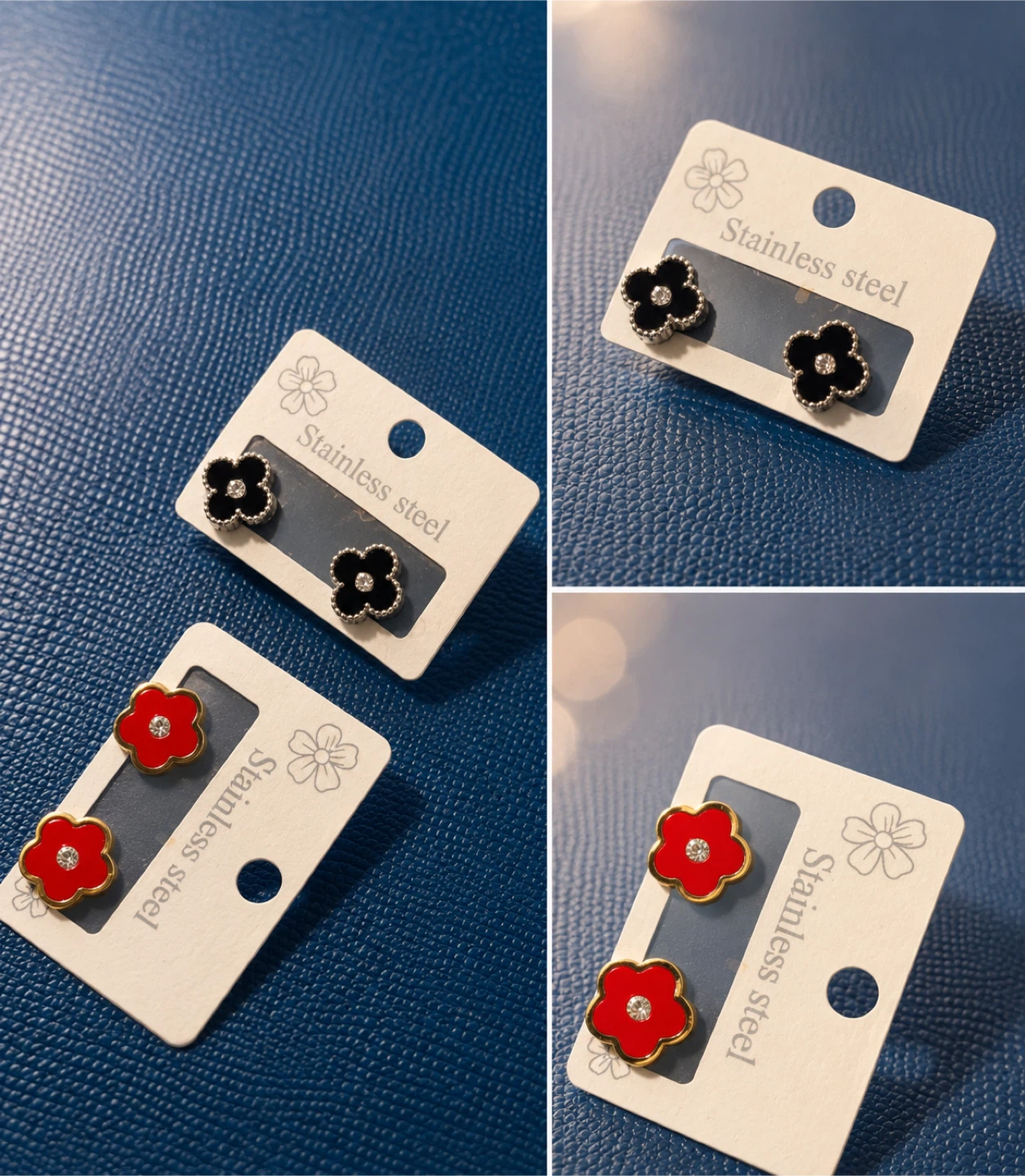 Stainless Steel Flower Stud Earrings (Black & Red)