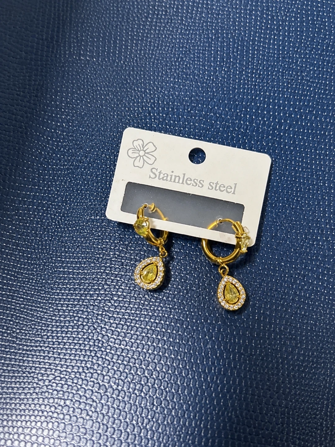 Stainless Steel Drop Earrings with Yellow Gems