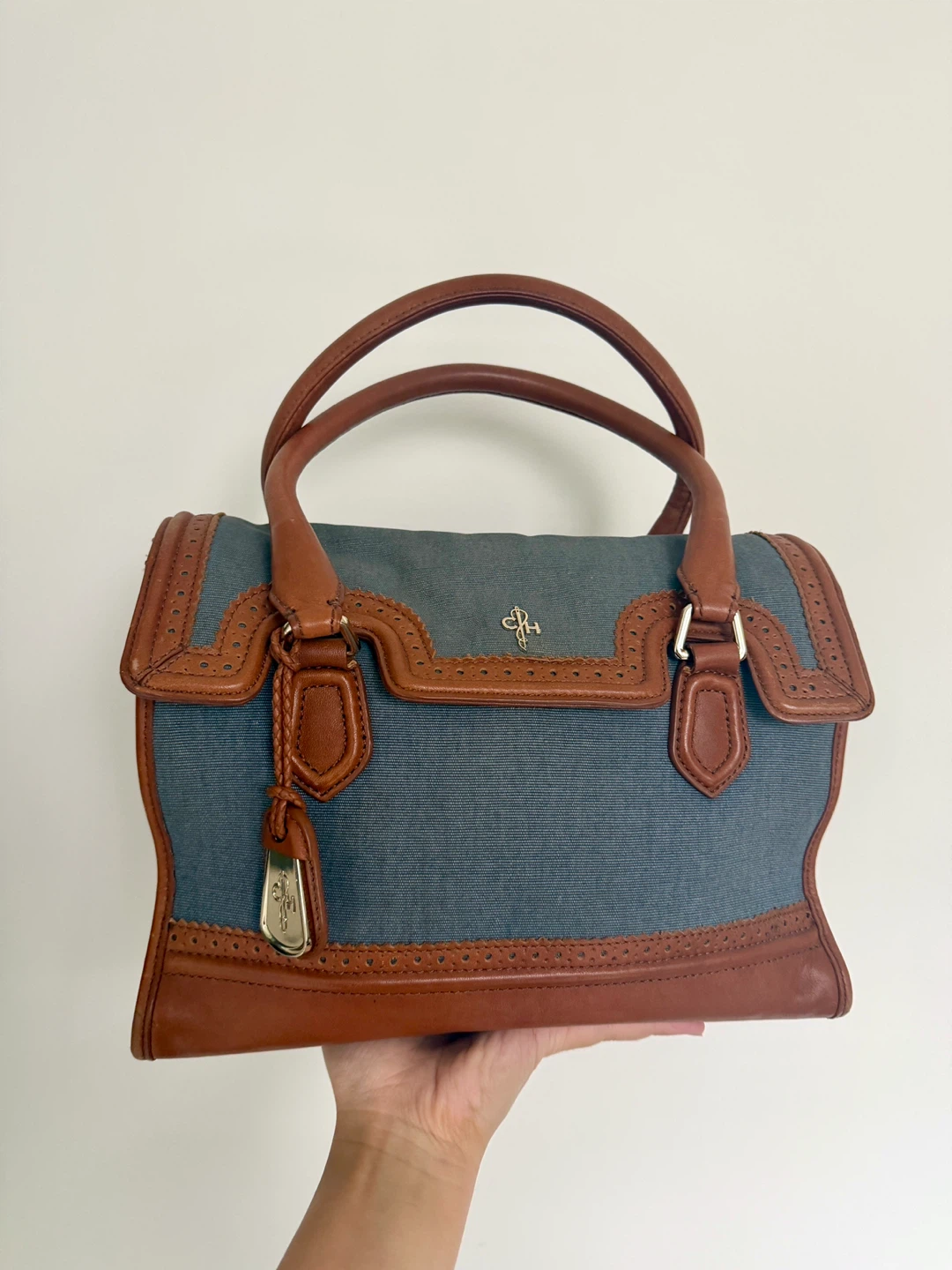 Cole Haan Blue Denim Brown Leather Brooke Tote Bag