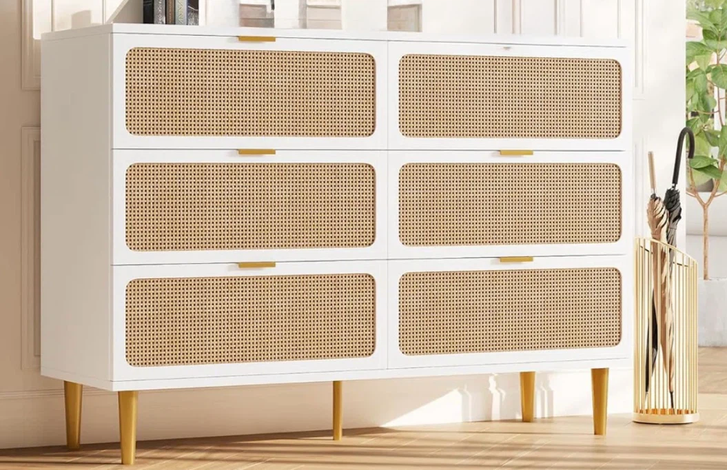 New wooden rattan 6 drawer chest