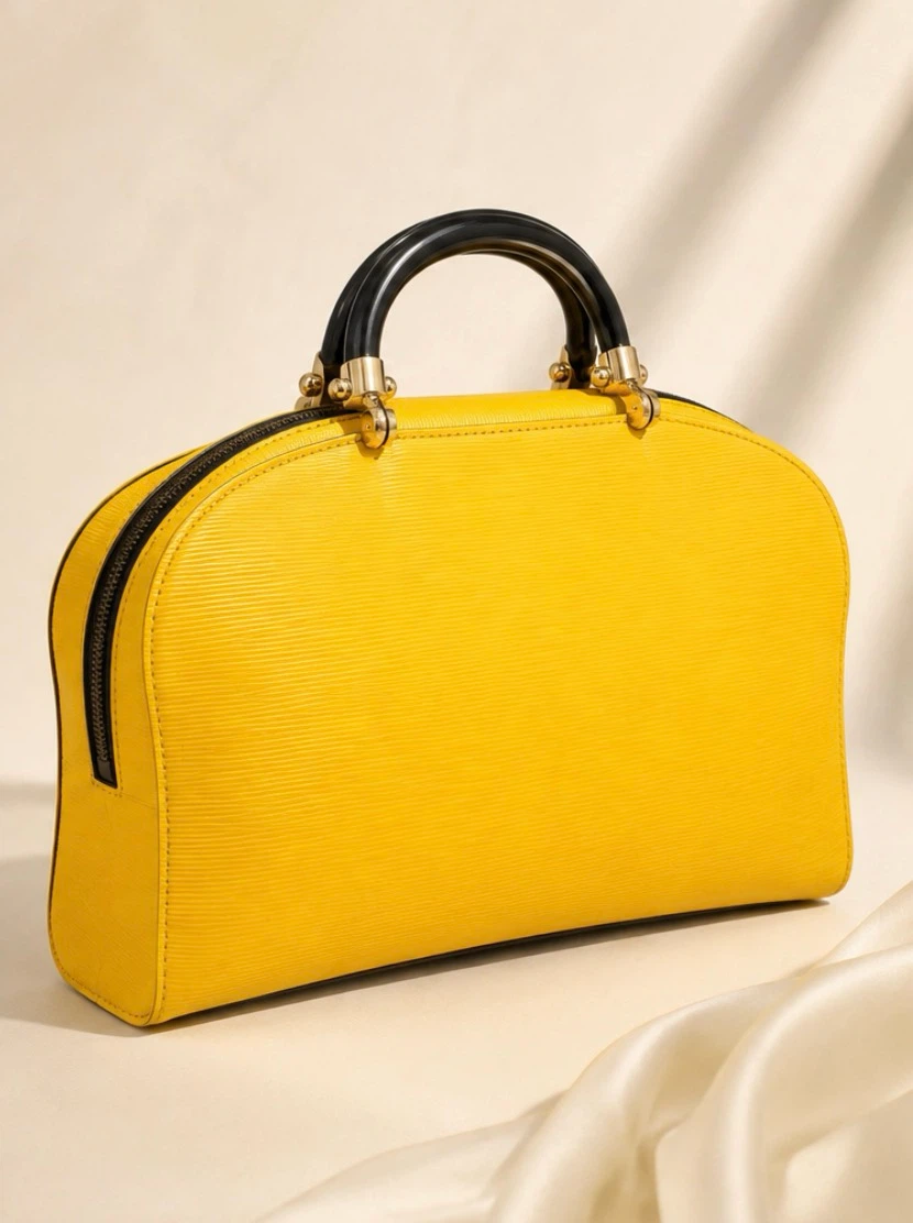 Yellow Structured Handbag with Black Handles