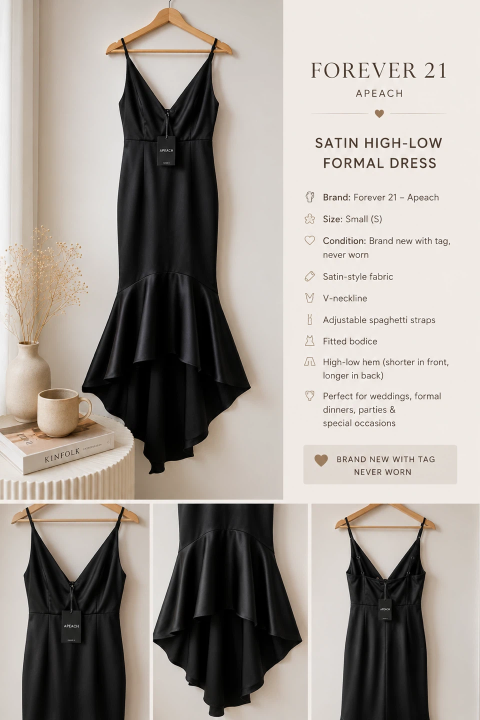 Forever 21 Apeach Black Satin High-Low Formal Dress - Small