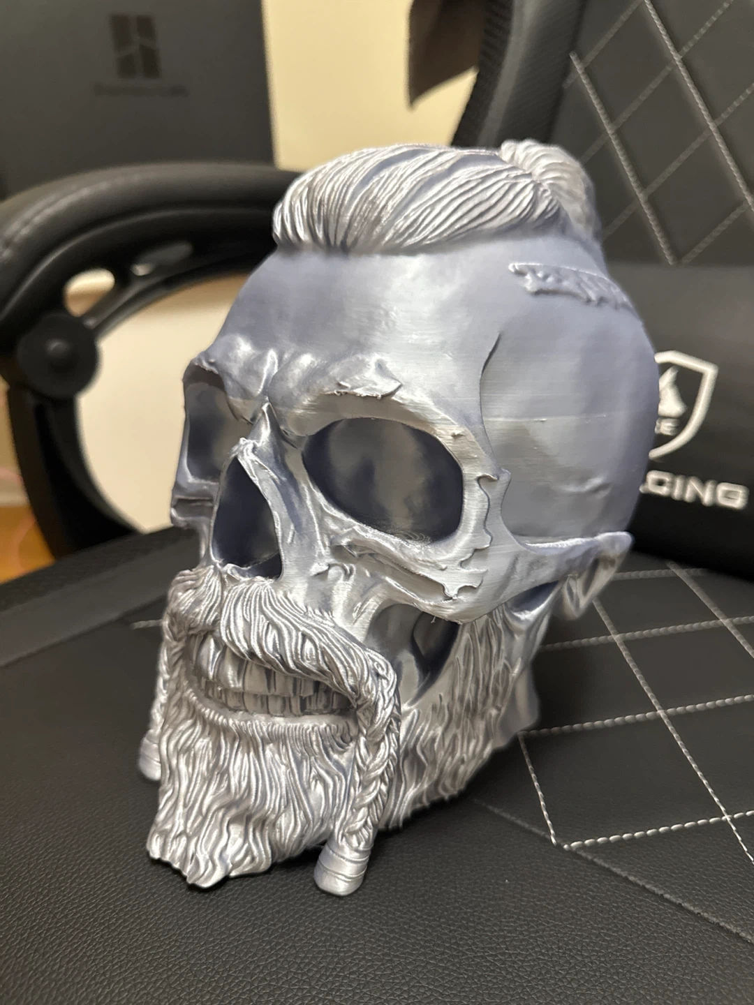 3D Printed Skull Figurine with Beard and Hair