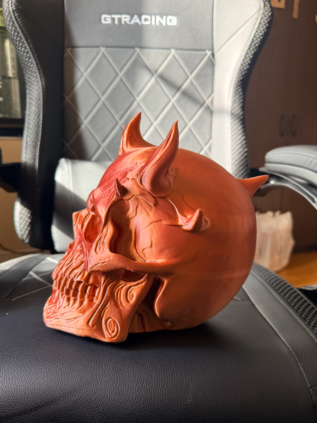 3D Printed Orange Devil Skull Headphone Holder