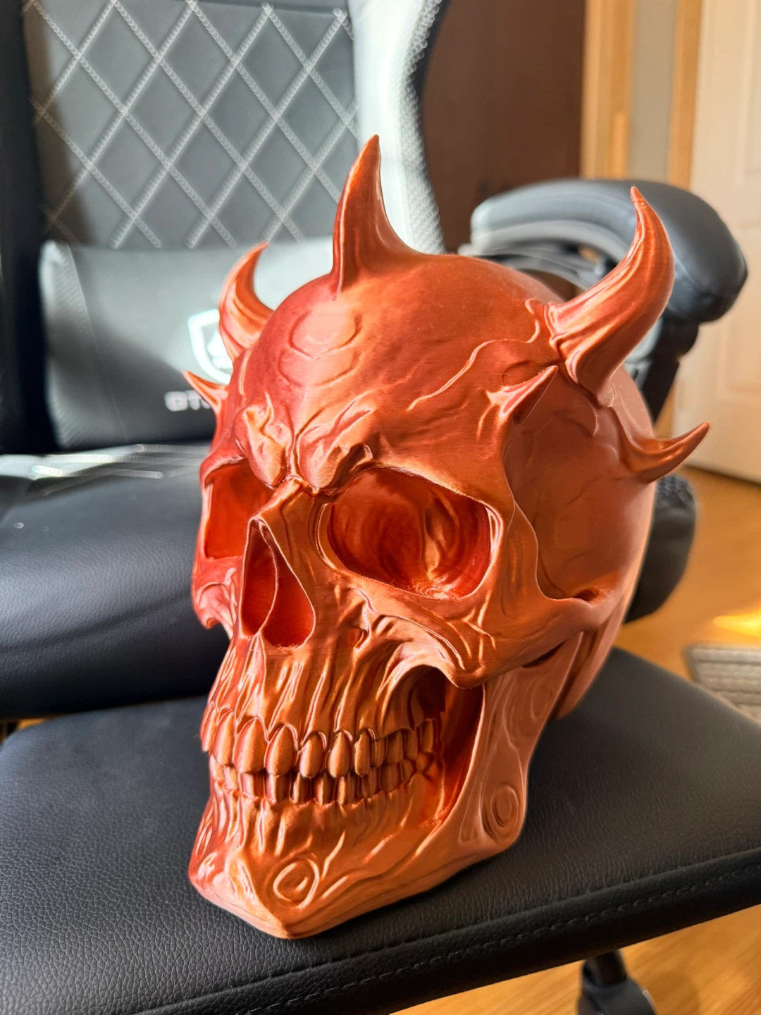 3D Printed Orange Devil Skull Headphone Holder - photo 4
