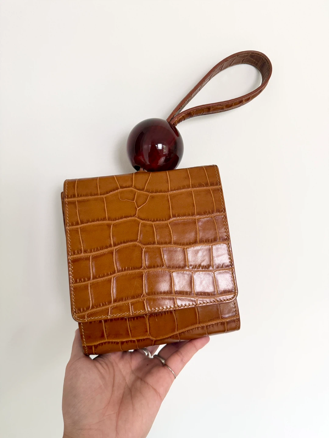 BY FAR Croc Embossed Leather Wristlet Bag