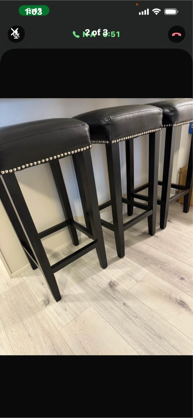3 Black Leather Bar Stools with Silver Studs (Set of 3)